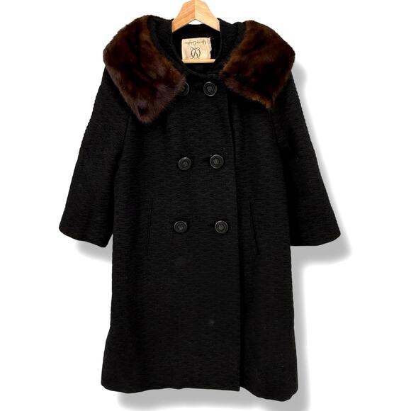 Vintage Young Quinlan Black Textured Wool Coat Brown Mink Fur Collar Size Large - Picture 1 of 8
